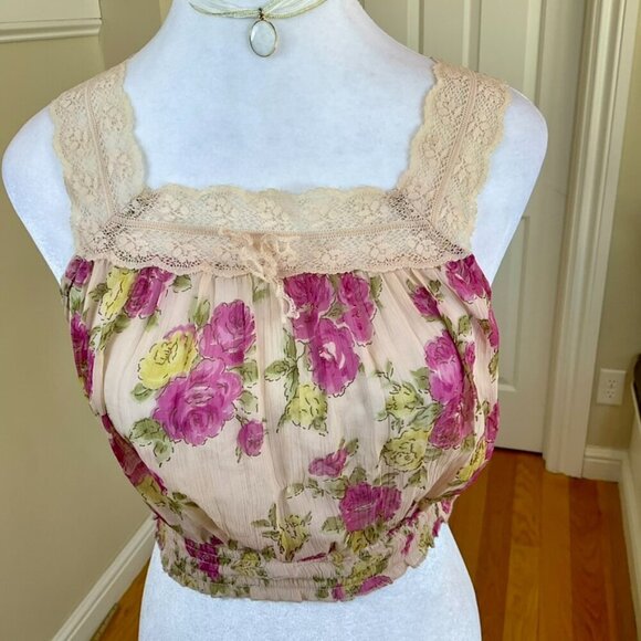 Band of Gypsies Top Y2K Crop Floral & Lace Purple Pink Beige Green Retro (S) - Picture 2 of 8